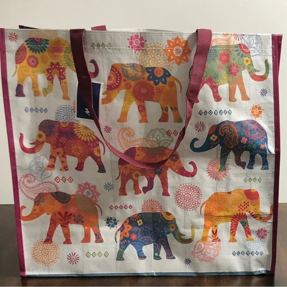 Tote Reusable shopping bag Elephants graphic waterproof. Big 18”x20”x7”